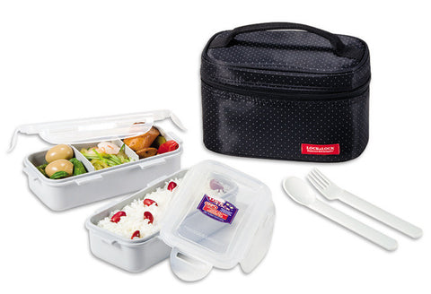 Lock & Lock Lunch Box (350ml container x2+Fork&Spoon+Bag) Black - HPL752DB