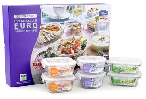 Lock & Lock Glass Container Set 6 pieces (380ml x 2 + 380ml x 2 + 500ml x 2) - LLG214YX2