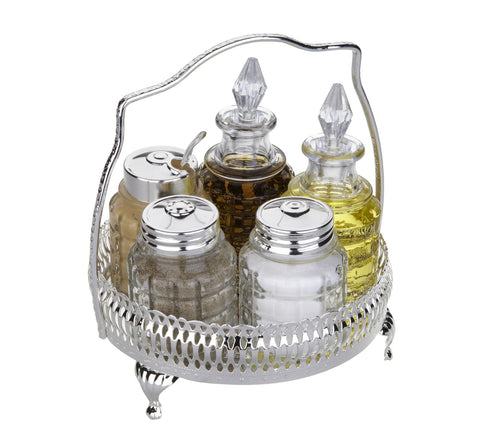 Queen Anne Silver Plated 6 pcs Spice Set with Handle (Tray+2 Oil Glass Bottles,Salt,Pepper,Mustard ) - 0-4719