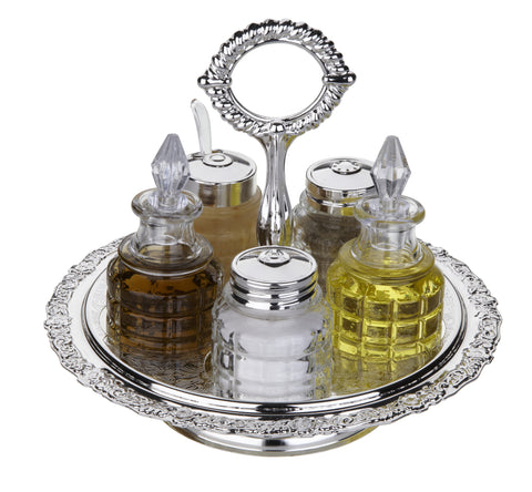 Queen Anne Silver Plated 6 pcs Spice Set with Handle (Tray+2 oil Glass Bottles,Salt, Pepper,Mustard ) - 0-5956-2