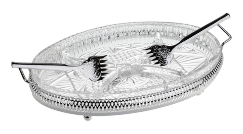 Queen Anne Silver Plated Oval Glass Appetizer Dish with 4 Divisions (2 Forks) - 0-6229