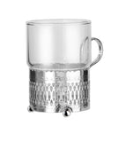 Queen Anne Silver Plated 9 Pc Set (6 Tea Glass (Roman Design) cups with handle+Tray+sugar bowl with lid+spoon) - 0-6400-R