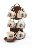 Coffee Set 13 pieces set (6 x Coffee cup + 6 x saucer + Stand ) Brown/Off White- 5001