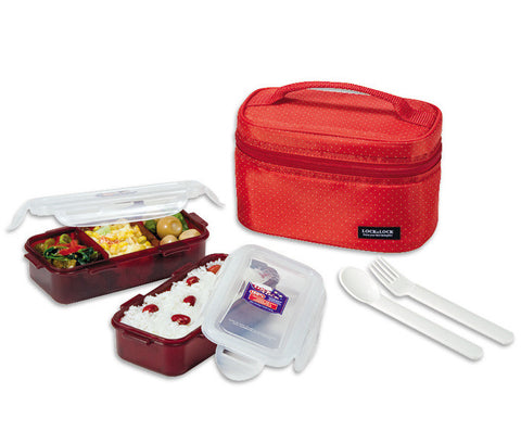 Lock & Lock Lunch Box (350ml container x2+Fork&Spoon+Bag) Red - HPL752DR