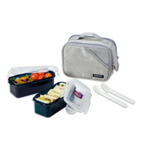 Lock & Lock Lunch Box (0.51L container x2+Fork&Spoon+Bag) Grey - HPL762DG
